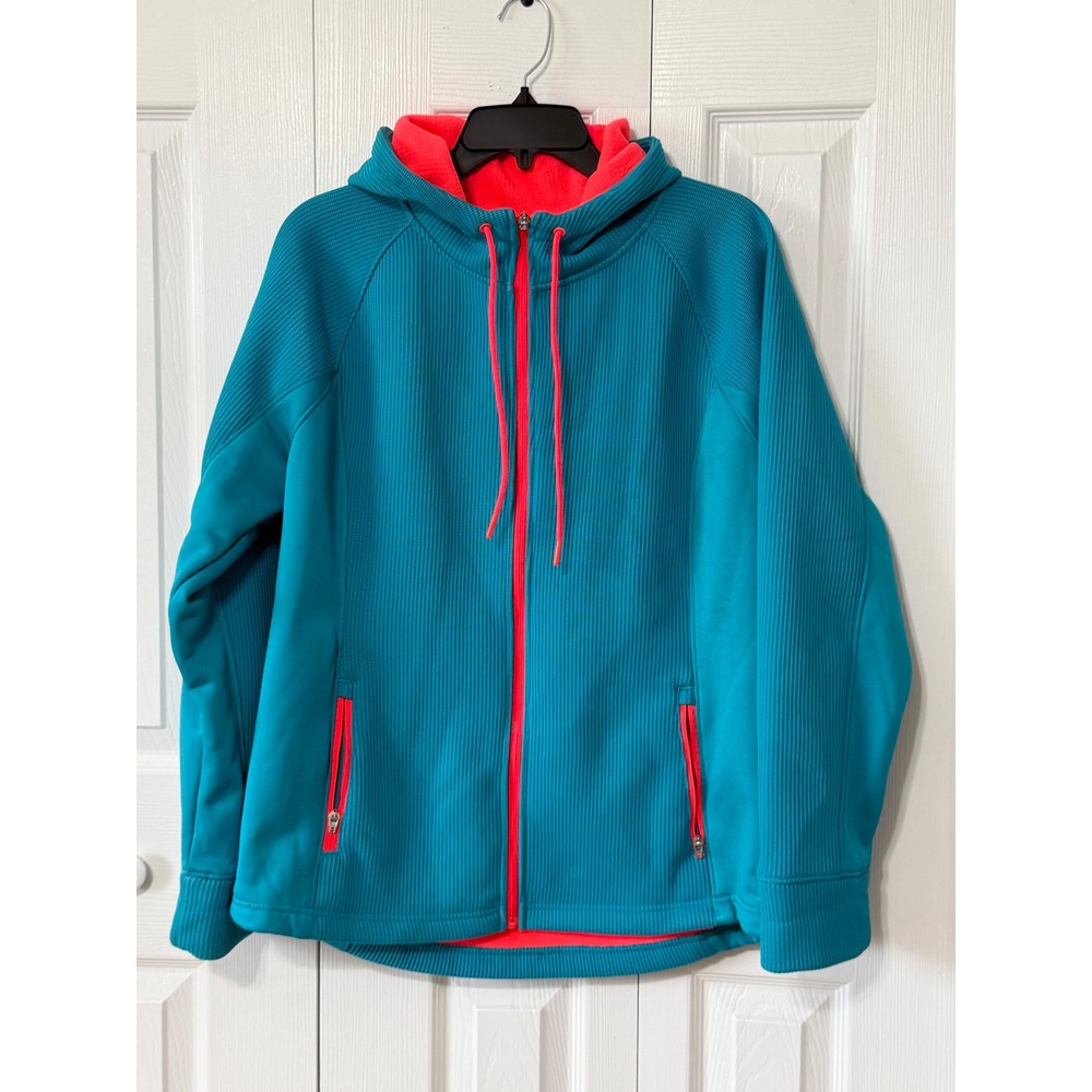 Swiss Tech Clear Ocean Teal Neon Coral Full Zip Grid Fleece Hoodie STOL47395